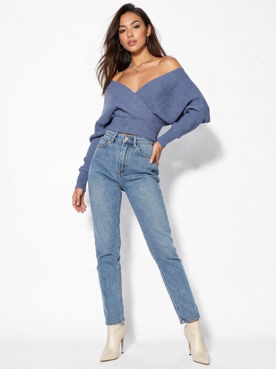 🌺 Dreamer by Debut Criss Cross V Neck Blue Sweater - Picture 2 of 12